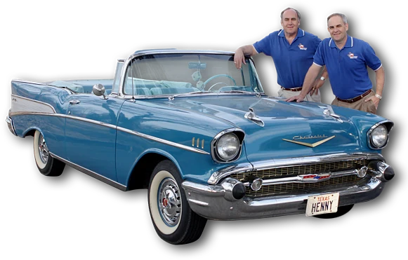 Gary and Randy Hensley standing beside a blue 1957 Chevrolet Bel Air